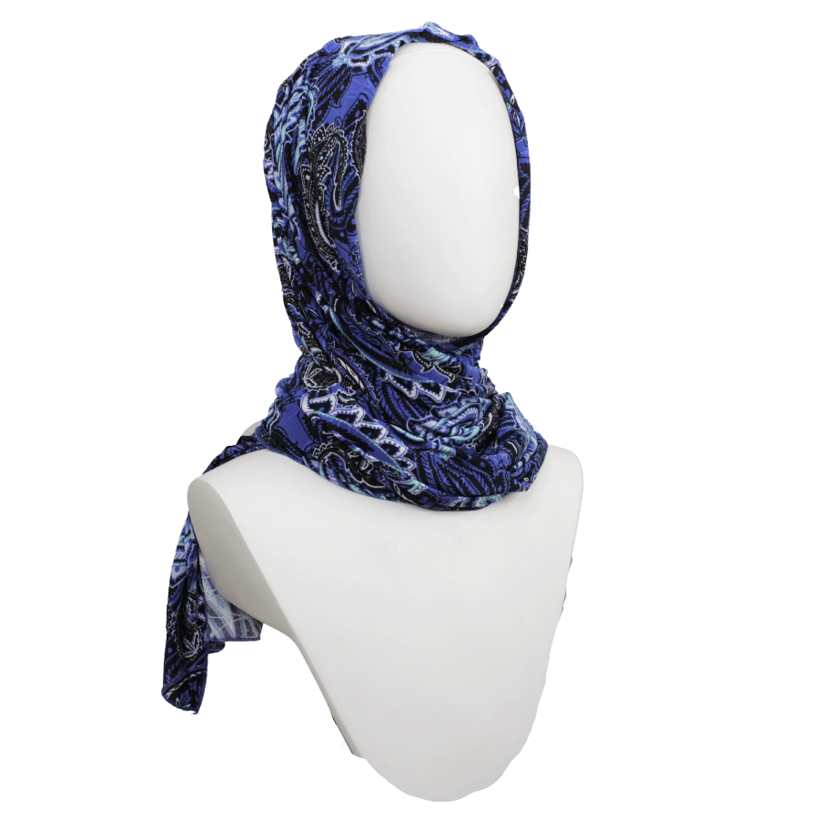 Royal Blue Paisley Print Smooth Patterned Jersey Hijab  - Soft & Cool "Zibde Feel"