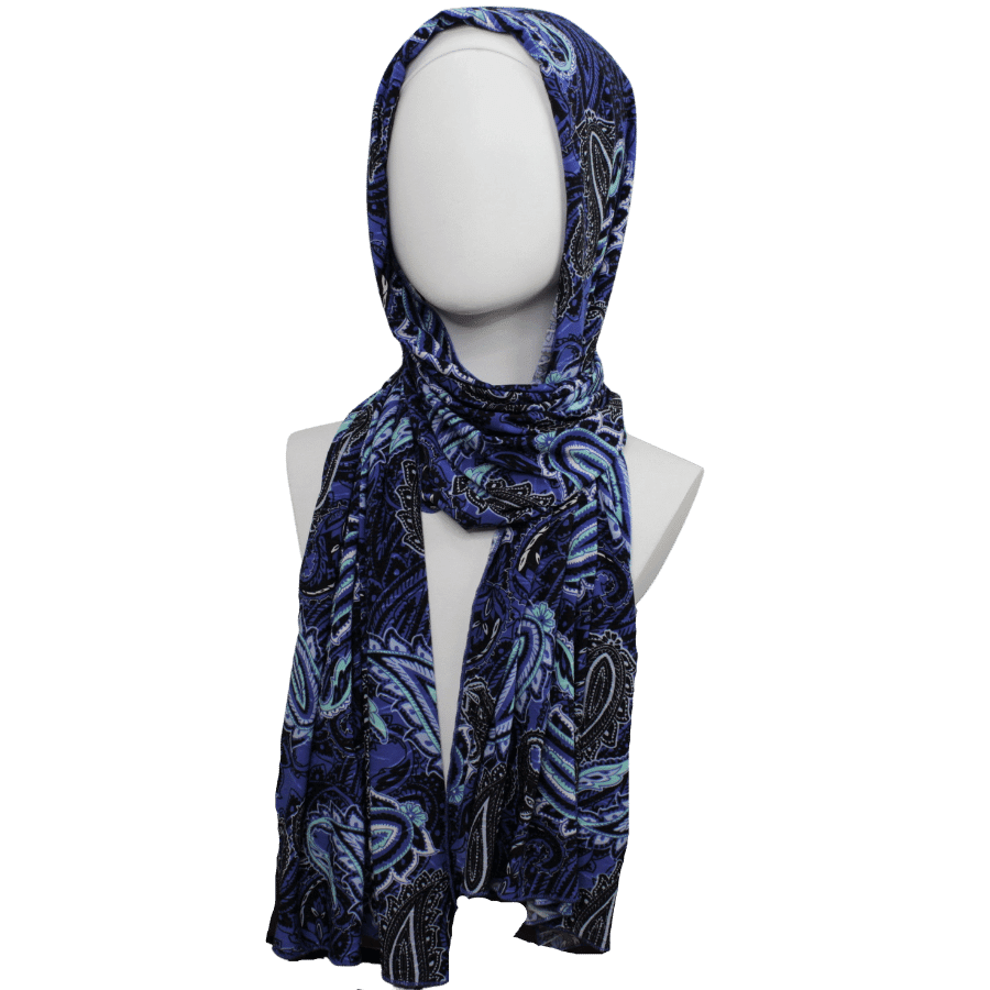 Royal Blue Paisley Print Smooth Patterned Jersey Hijab  - Soft & Cool "Zibde Feel"