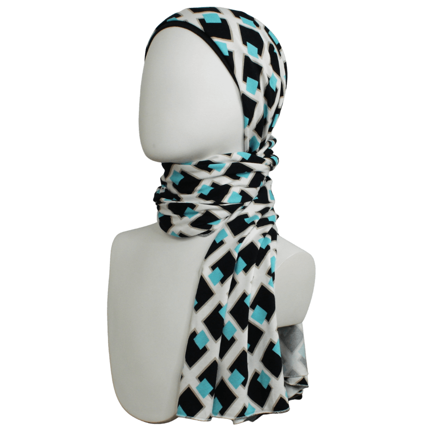 Geo Abstract in Blue Black Patterned Jersey Hijab