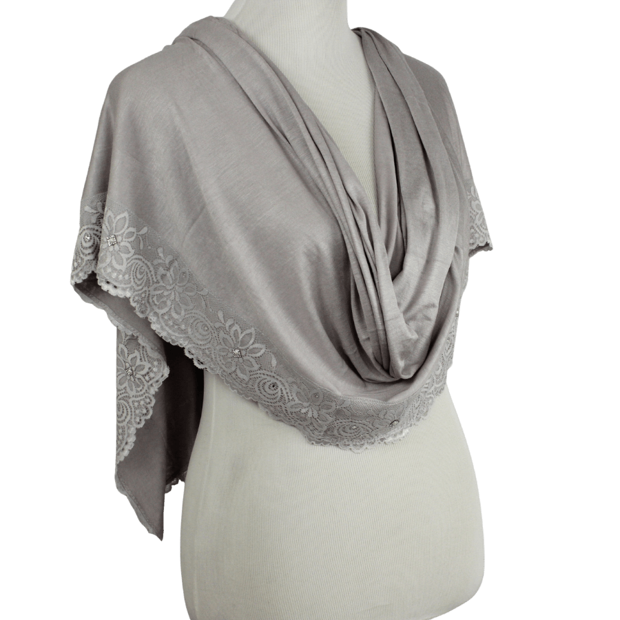Embellished Lace Bordered Kuwaiti Hijab - Grey-ish Neutral Hijab - NEW