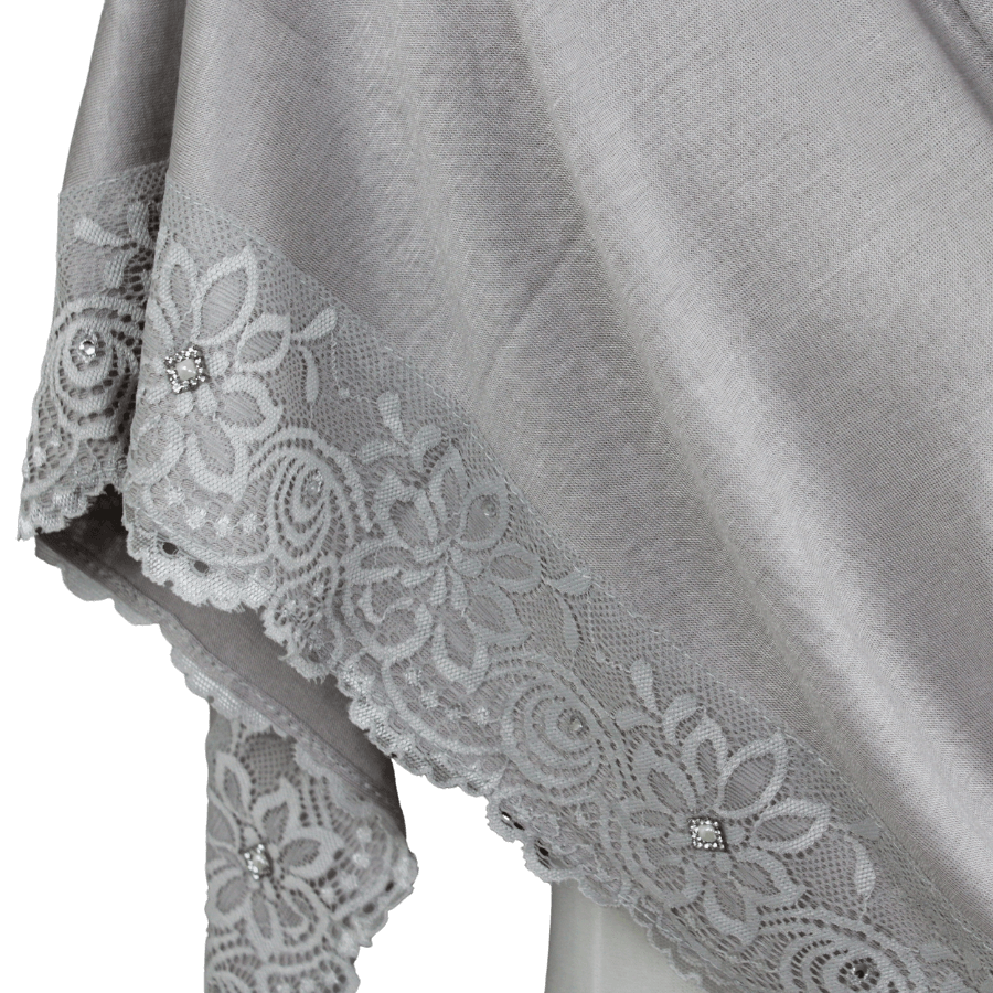 Embellished Lace Bordered Kuwaiti Hijab - Grey-ish Neutral Hijab - NEW