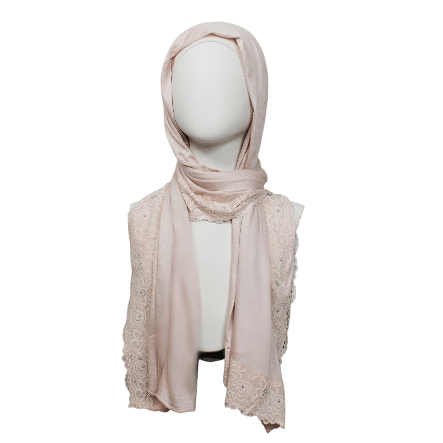 Embellished Lace Bordered Kuwaiti Hijab - Basic Peach-y Neutral Hijab - NEW