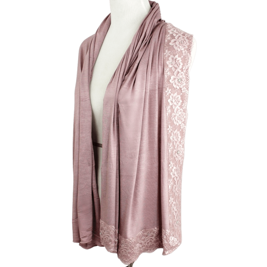 Embellished Lace Bordered Kuwaiti Hijab - Mauv-ish Neutral Hijab - NEW