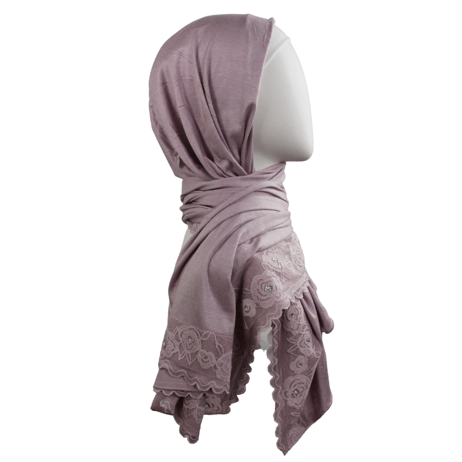 Embellished Lace Bordered Kuwaiti Hijab - Baby Lilac Hijab - NEW