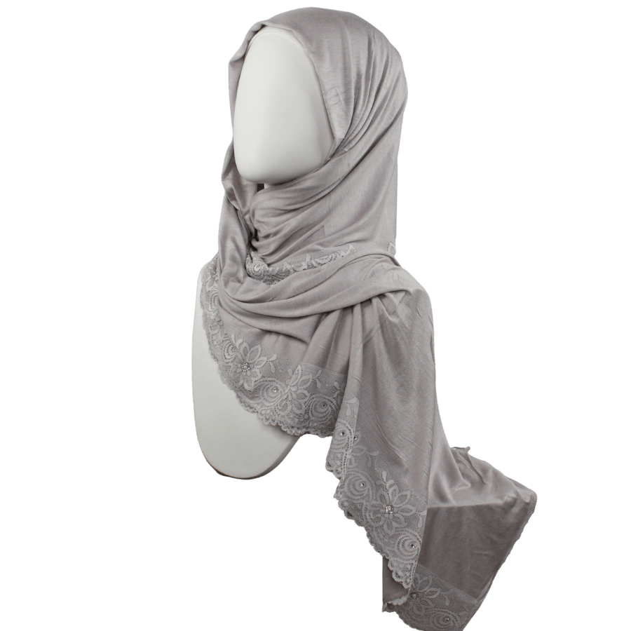 Embellished Lace Bordered Kuwaiti Hijab - Grey-ish Neutral Hijab - NEW