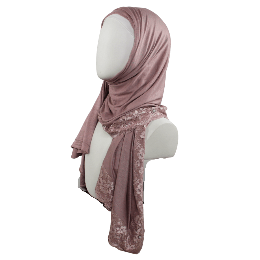 Embellished Lace Bordered Kuwaiti Hijab - Mauv-ish Neutral Hijab - NEW
