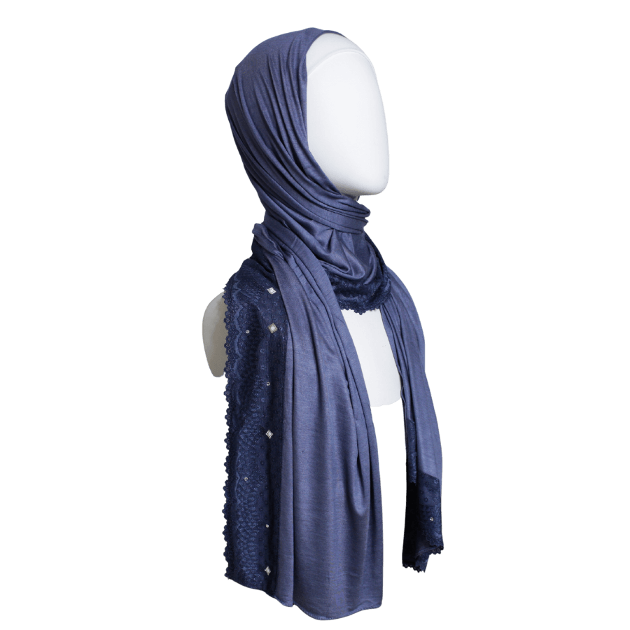 Embellished Lace Bordered Kuwaiti Hijab - Navy Blue Dark Border Hijab - NEW