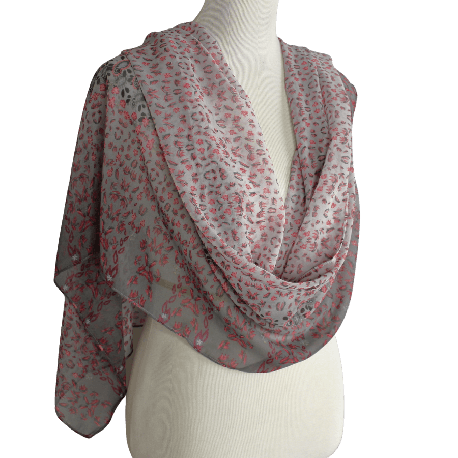 Grey Pink Floral Double Bordered Chiffon Hijab - New