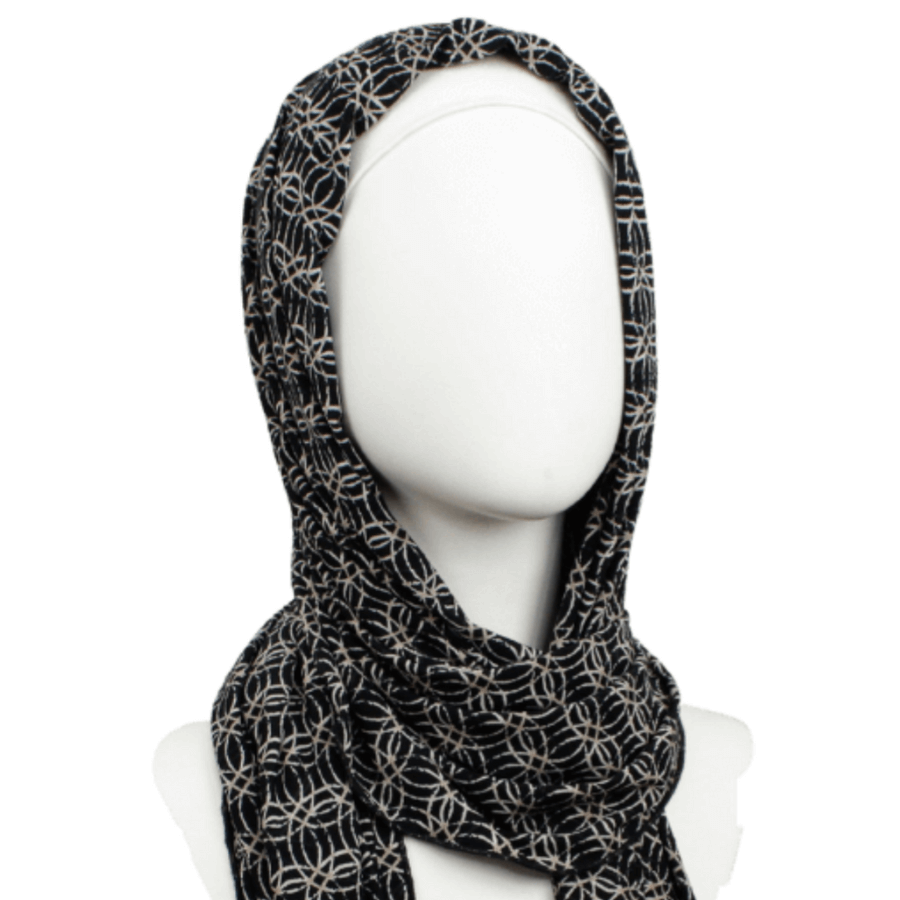 Classy Black Beige Smooth  Patterned Jersey Hijab  - Soft & Cool "Zibde Feel"