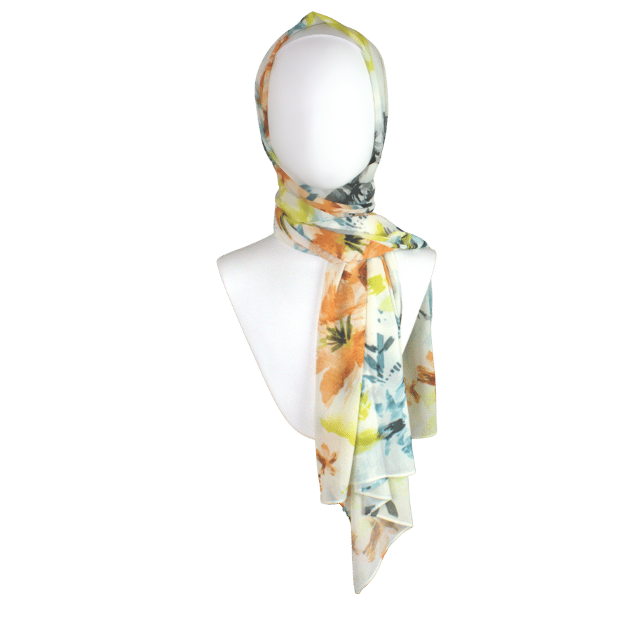 Unique floral hijab scarf chiffon | Teal, orange, green hijab | Lina Zibdeh