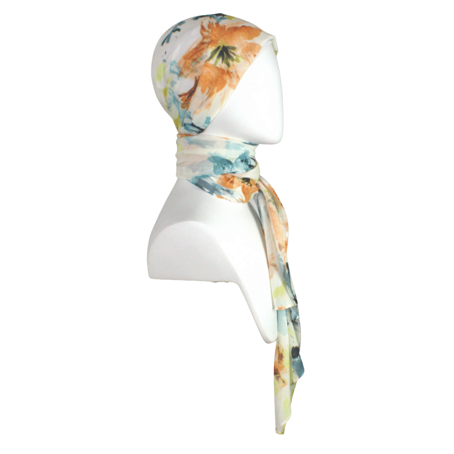 Unique floral hijab scarf chiffon | Teal, orange, green hijab | Lina Zibdeh