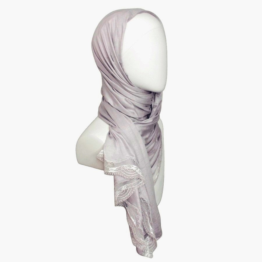 Kuwaiti Neutral Light Grey with a "Hint of Mauve" Hijab Lace border - NEW