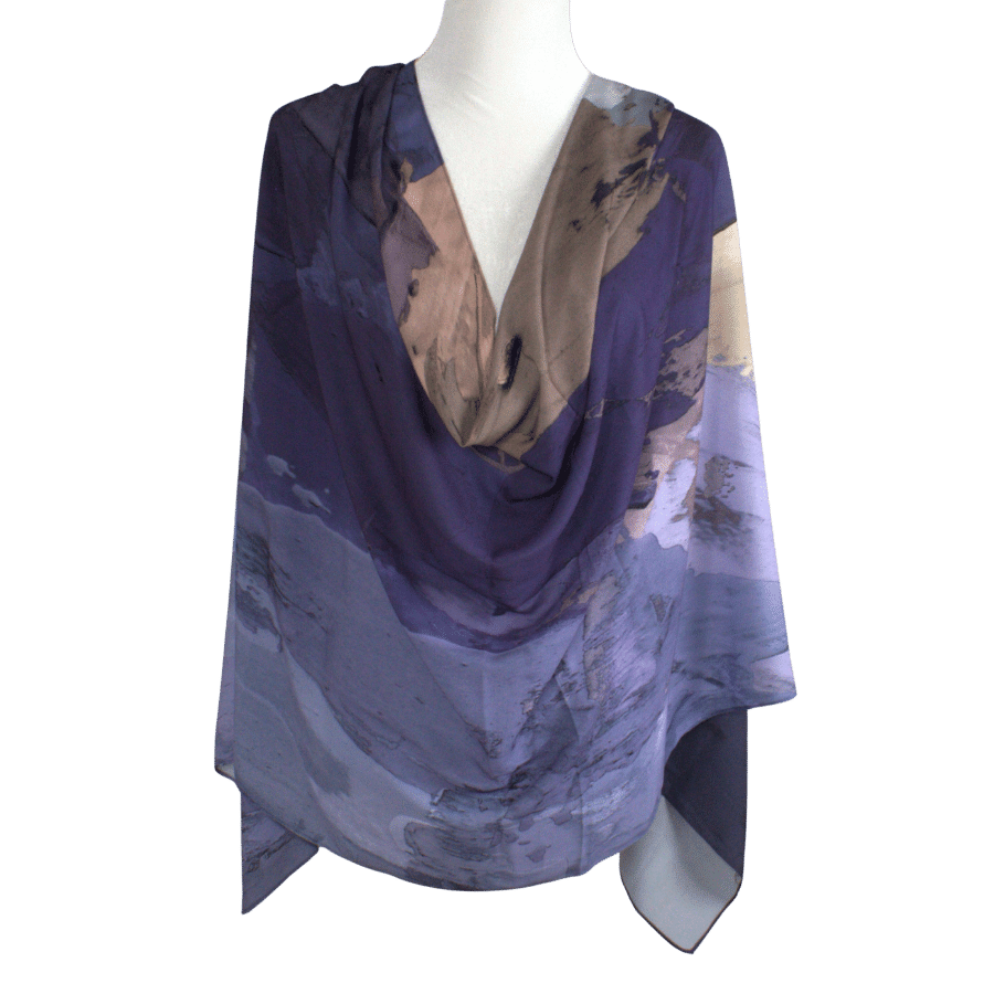 An airbrushed hijab scarf in purple hues, premium crepe chiffon hijab headscarf for an elegant look for muslim women for work and special occasions | Lina Zibdeh