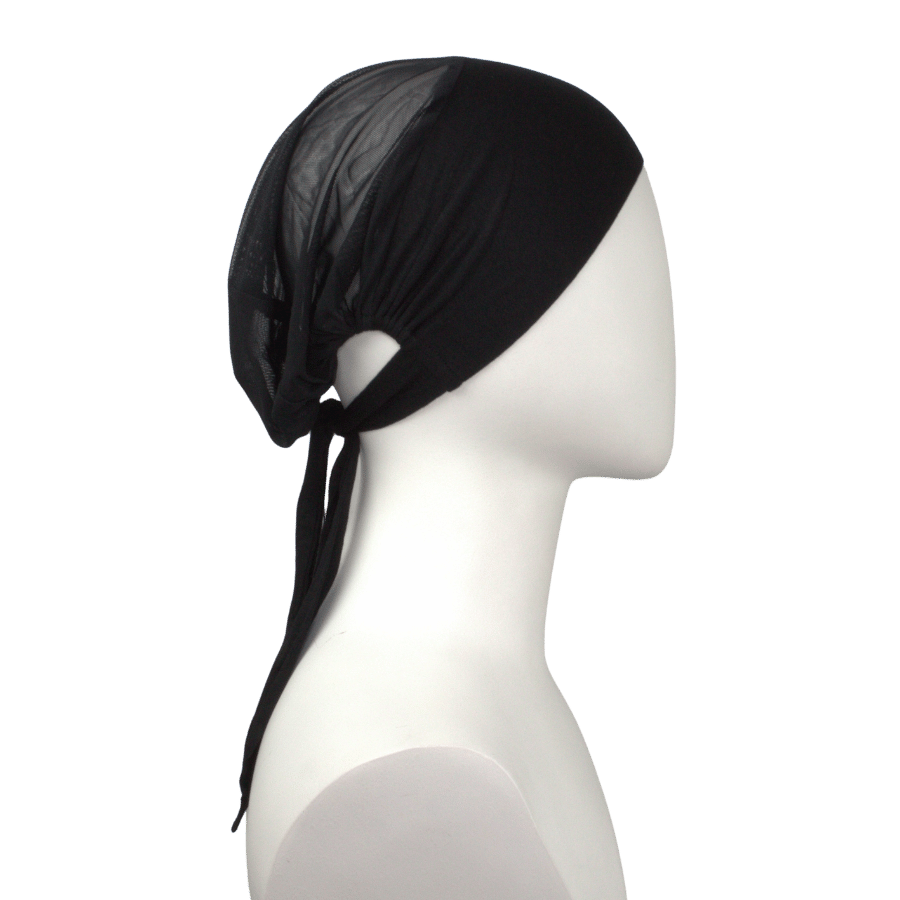 Side view of our black tie-back mesh undercap for your everyday wear | Best seller all year long | Lina Zibdeh