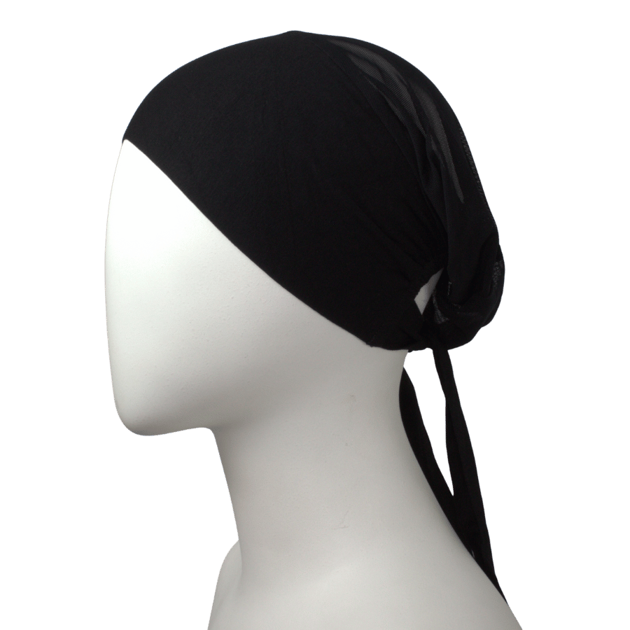 Side view of Black Tie-back mesh hijab cap premium quality, non-slip, breathable and adjustable| Lina Zibdeh