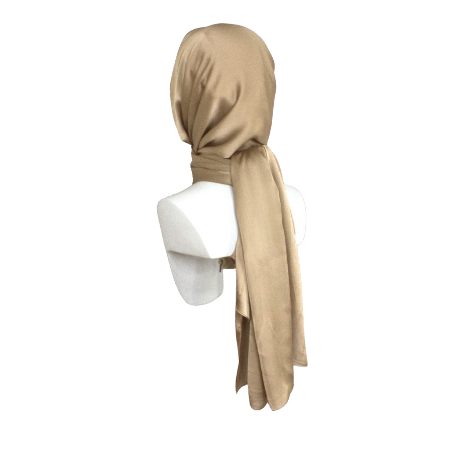 This is your party hijab in bronze golden, soft satin crinkle with a better grip and nice drape | Lina Zibdeh