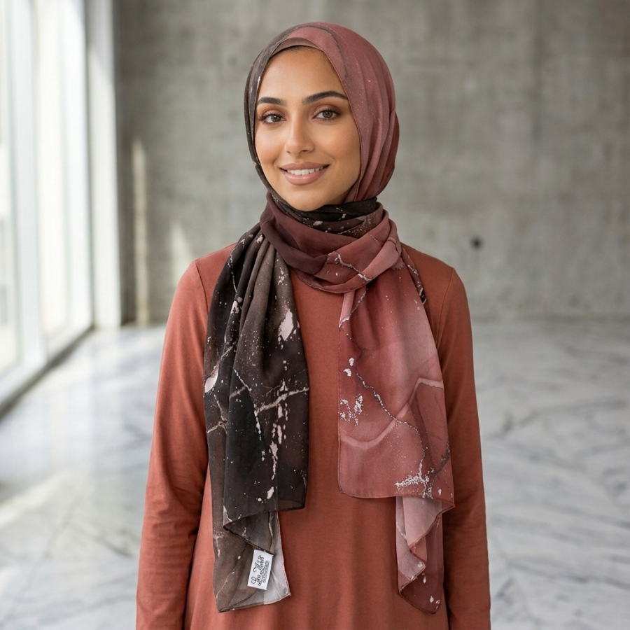Model wearing Mocha and Spice brown marbled luxury chiffon hijab with warm terracotta and chocolate tones