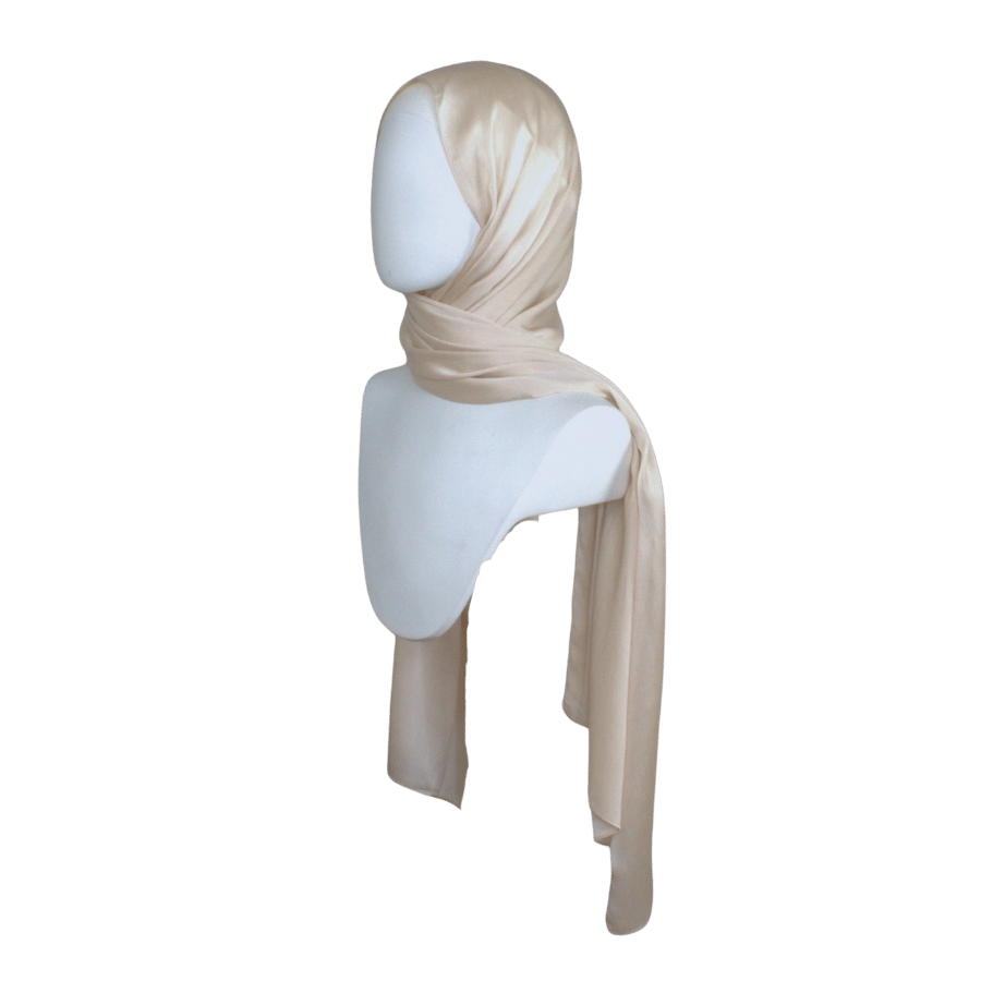 Shop this luxurious satin crinkle hijab in champagne pearl and discover how it will become a staple for your formal occasions | Lina Zibdeh