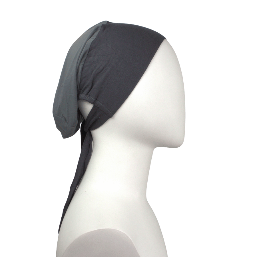Side view of our adjustable, breathable, and non-slip premium tie-back mesh hijab under scarf in dark grey | Lina Zibdeh
