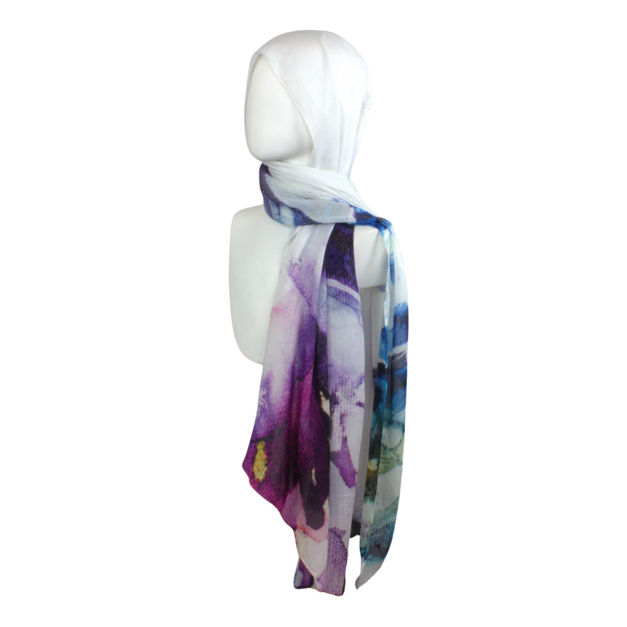 Double bordered bamboo modal hijab scarf in white and watercolor purple black strokes. Ideal for headscarf in the summer and hot weather | Lina Zibdeh