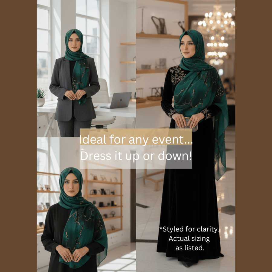 Woman wearing a green golden hijab in an office setting with text overlay.