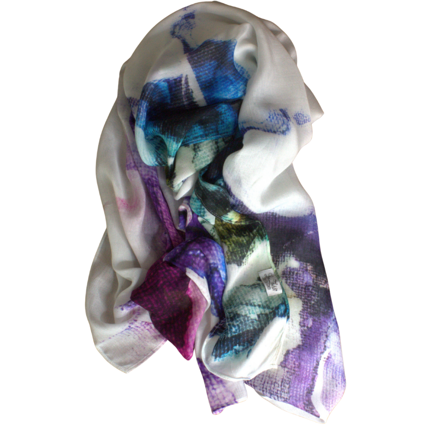 Double bordered bamboo modal hijab scarf in white and watercolor purple black strokes. Ideal headscarf in the summer and hot weather and matches nicely with many outfits | Lina Zibdeh