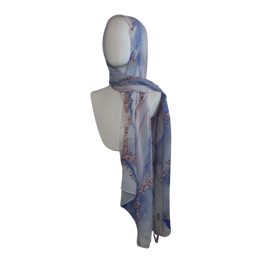 Exclusive printed bamboo hijab featuring twilight-inspired artistic waves. Ideal lightweight non-slip hijab for warm weather | Lina Zibdeh

