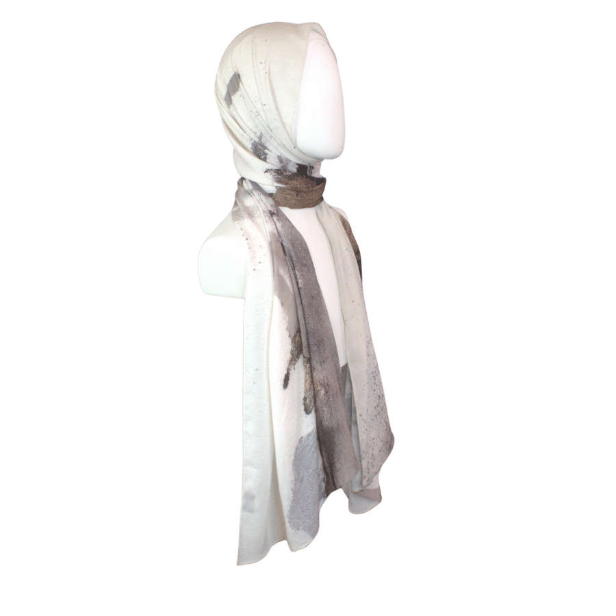 A printed hijab scarf wih everyday neutrals, ideal for work and all occasions | Lina Zibdeh