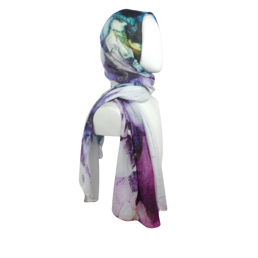 Designer printed bamboo modal hijab scarf in white and watercolor purple black strokes. Ideal for headscarf in the summer and hot weather | Lina Zibdeh