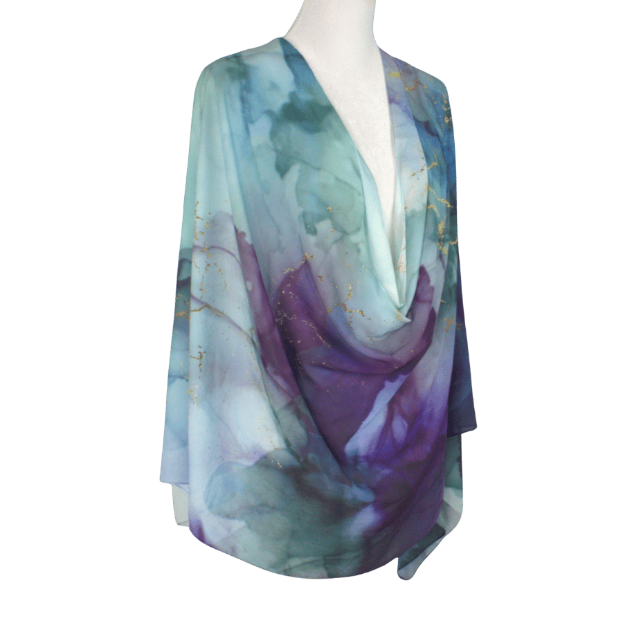 Elegant watercolor hijab styled with modest outfit for Eid and special events