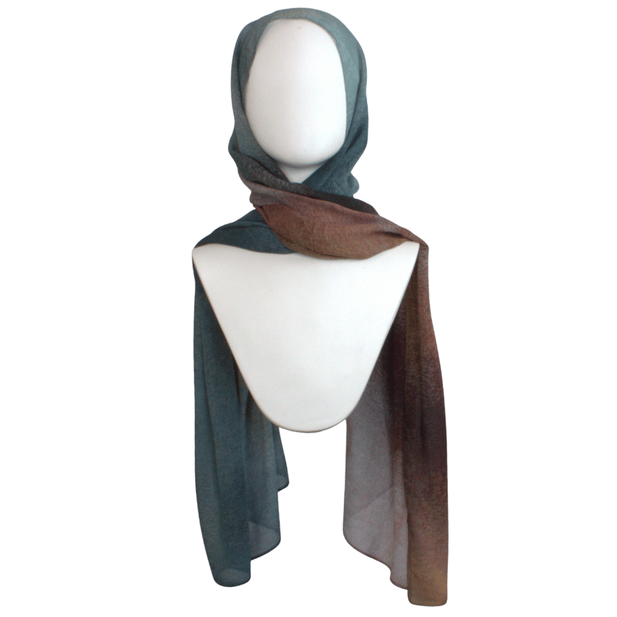 Luxury printed modal hijab – 100% bamboo, ombre teal to chocolate brown gradient, styled on mannequin | Lina Zibdeh