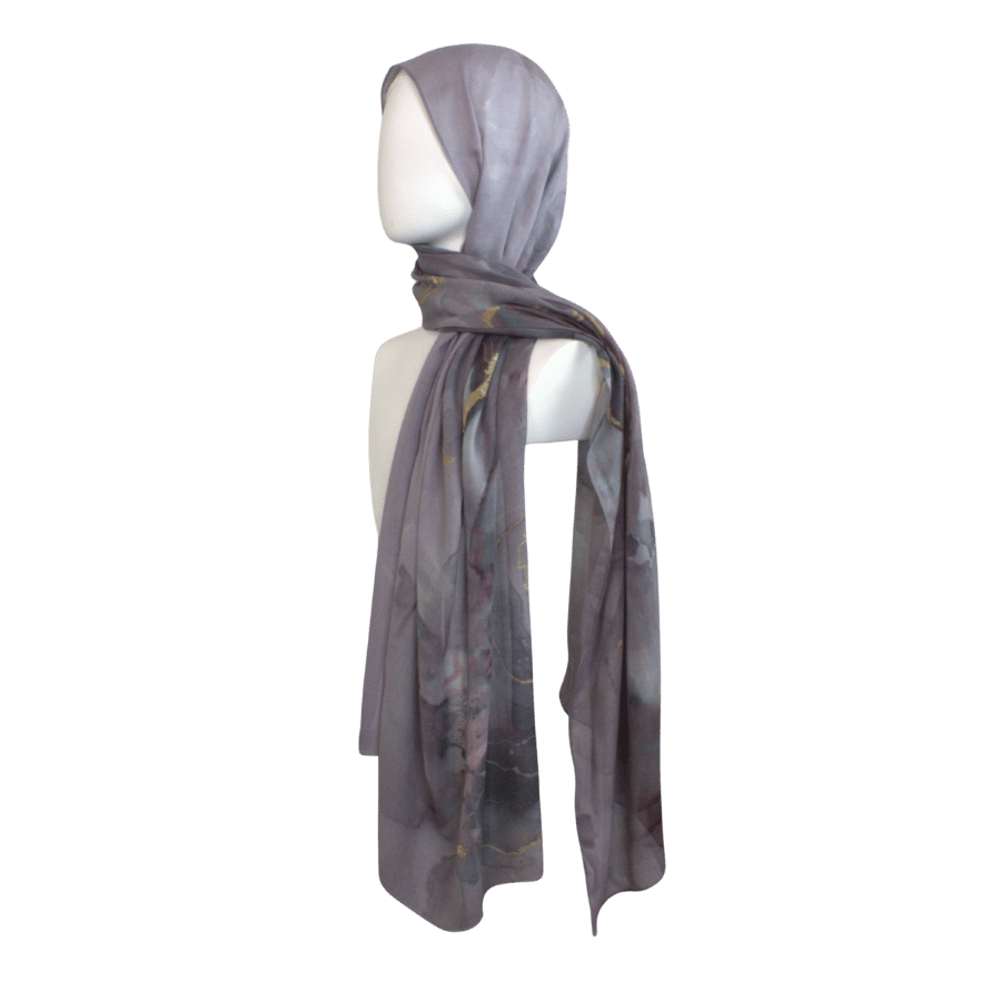 Elegant purple mauve and gold printed bamboo modal hijab for professional women, comfortable in hot weather, suitable for daily wear or as a gift | Lina Zibdeh