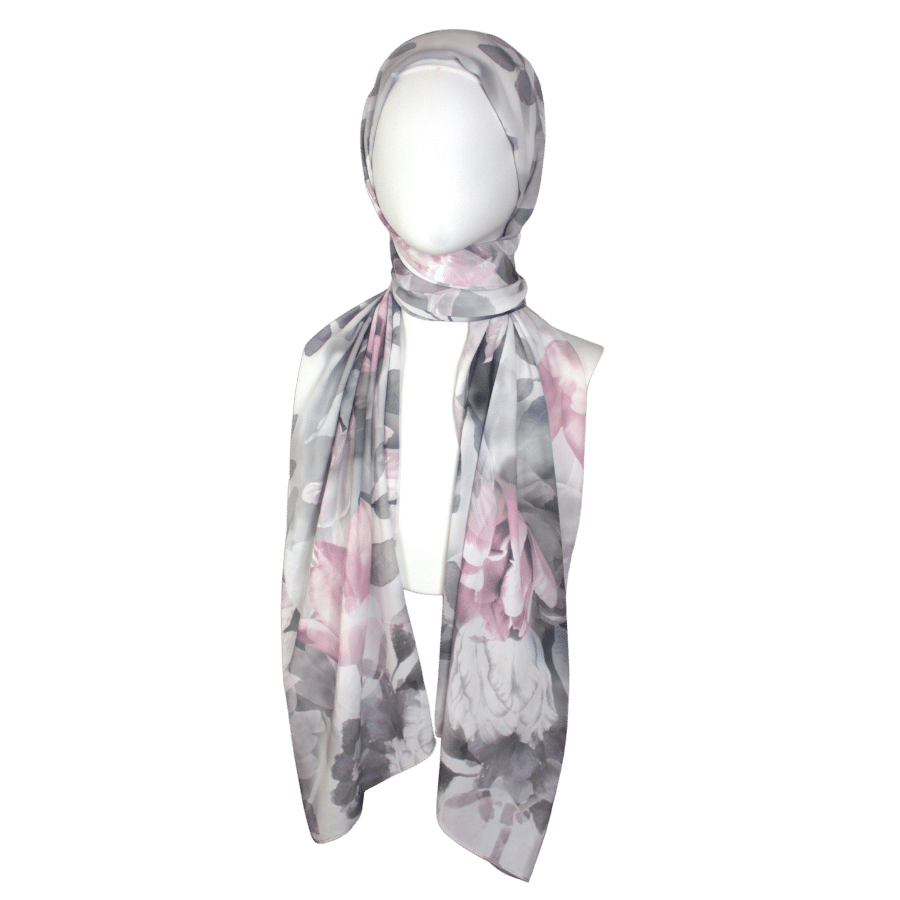 Elegant grey silver and rose pink floral hijab in premium crepe chiffon | Lina Zibdeh