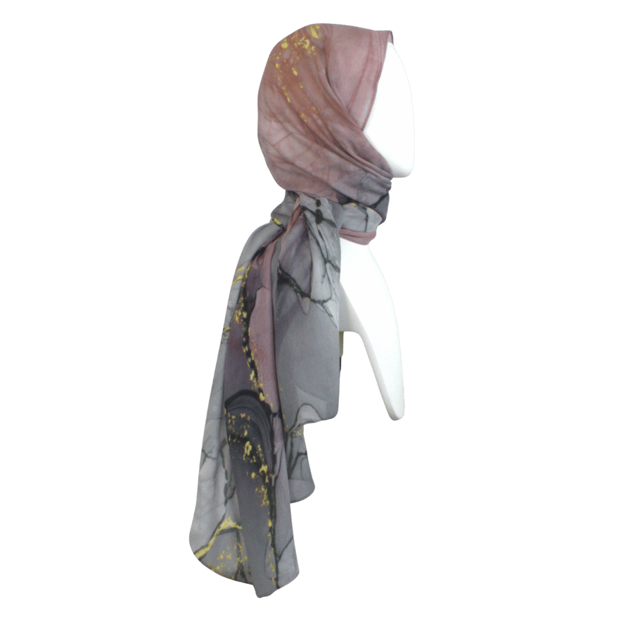 Designer printed modal hijab in green, grey, blush and golden hues. Ideal for women over 30, for work, for menopause hot flashes. Lina Zibdeh