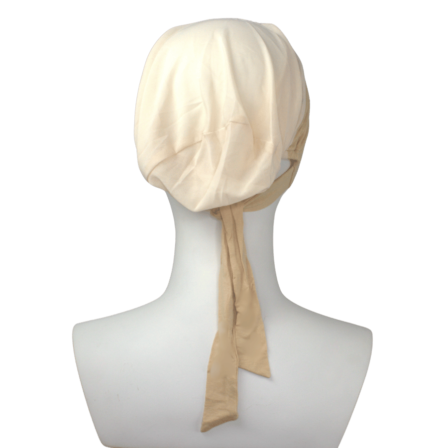 Back view of our Breathable mesh tie-back hijab cap under scarf in everyday sand beige, lightweight and comfortable for hot weather and all-day wear | Lina Zibdeh