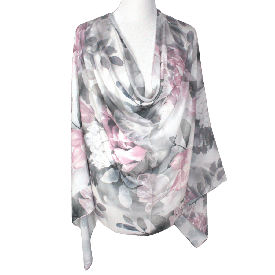 Elegant Floral Crepe Chiffon Hijab – Grey Silver & Rose Pink | Lina Zibdeh