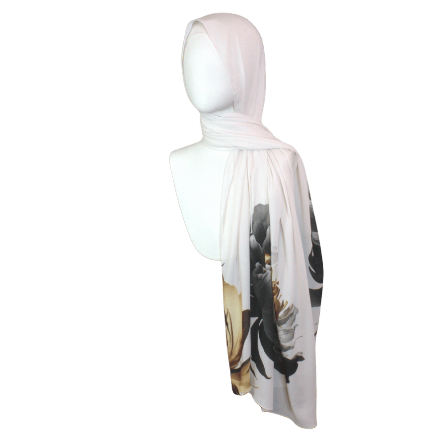 Luxurious limited edition hijab head scarf draped gracefully, ideal for elegant and formal occasions | Lina Zibdeh
