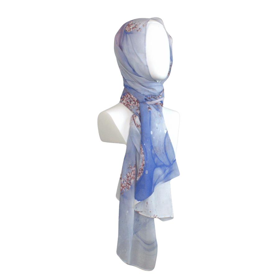 Elegant lightweight bamboo hijab with periwinkle brushstroke design | Lina Zibdeh

