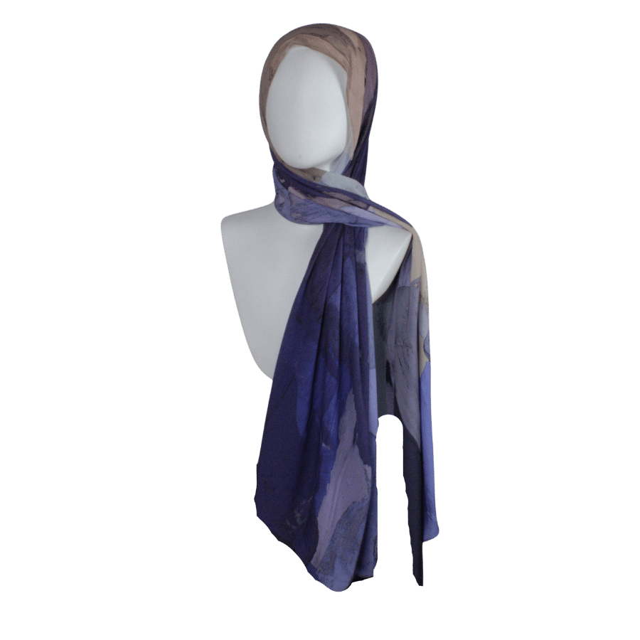 Watercolor hijab scarf in purple and mauve hues, designed as a luxury hijab suitable for work and outings  | Lina Zibdeh