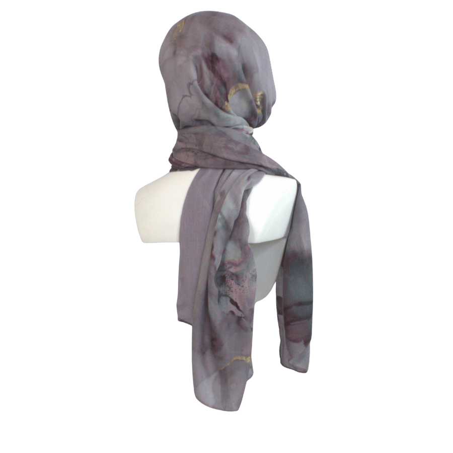 Grey mauve gold modal hijab printed scarf ideal for everyday, work, hot weather and hot flashes | Lina Zibdeh