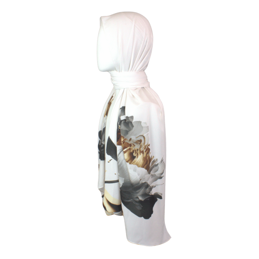 Luxurious limited edition scarf draped gracefully for fancy modest fashion | Lina Zibdeh