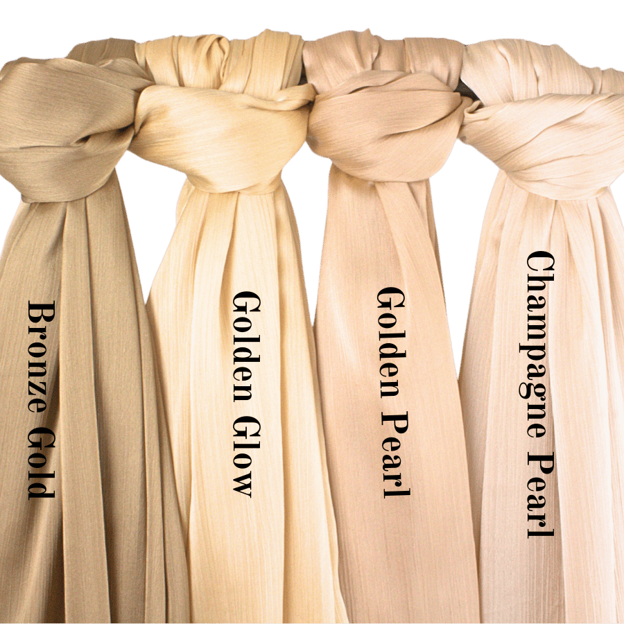 We offer four shades of golden hijabs for formal and special occasions. Satin crinkle golden hijabs premium quality | Lina Zibdeh