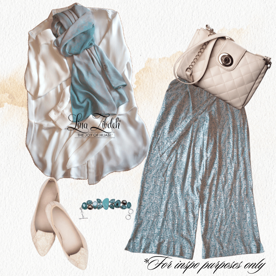 Style with me a teal blue pants with white top and our luxury maxi blue hijab | Lina Zibdeh