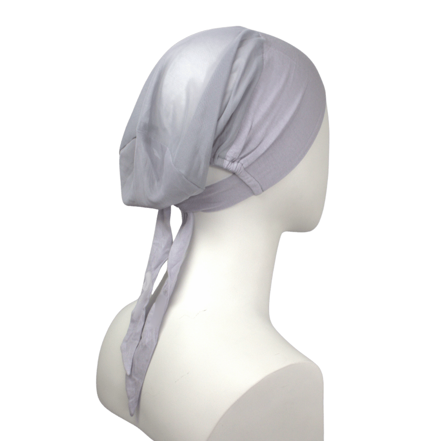 Side view of A light grey tie-back airy mesh hijab cap, Non-slip mesh tie-back hijab cap, heat-friendly and designed for women 20+ balancing work and comfort | Lina Zibdeh