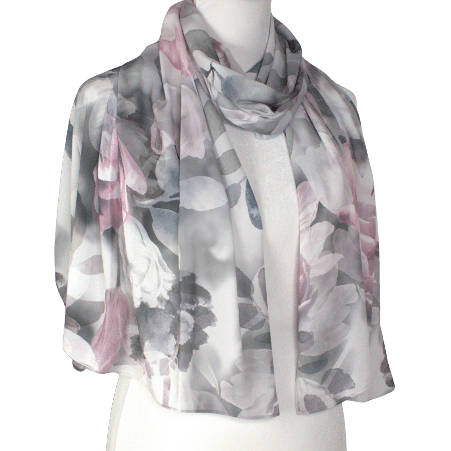 Elegant Floral Crepe Chiffon Hijab – Grey Silver & Rose Pink | Lina Zibdeh