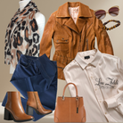 HIjab outfit styling inspo. Collage of fashion items including a brown leather jacket, blue jeans, brown boots, tan handbag, leopard print scarf, and sunglasses on a neutral background | Lina Zibdeh