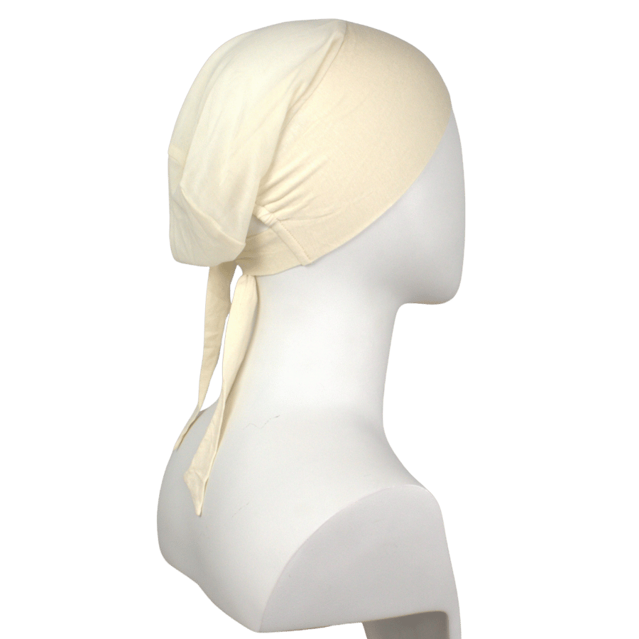 Side view of Essential ivory mesh tie-back hijab cap, breathable under scarf for hot weather, work, and daily wear | Lina Zibdeh