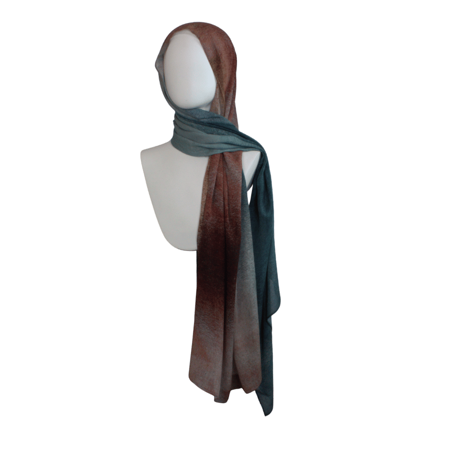 Elaris Ombré printed bamboo modal hijab scarf styled with brown side forward for classic elegance. Ideal for all weather, hijab for work and outings | Lina Zibdeh