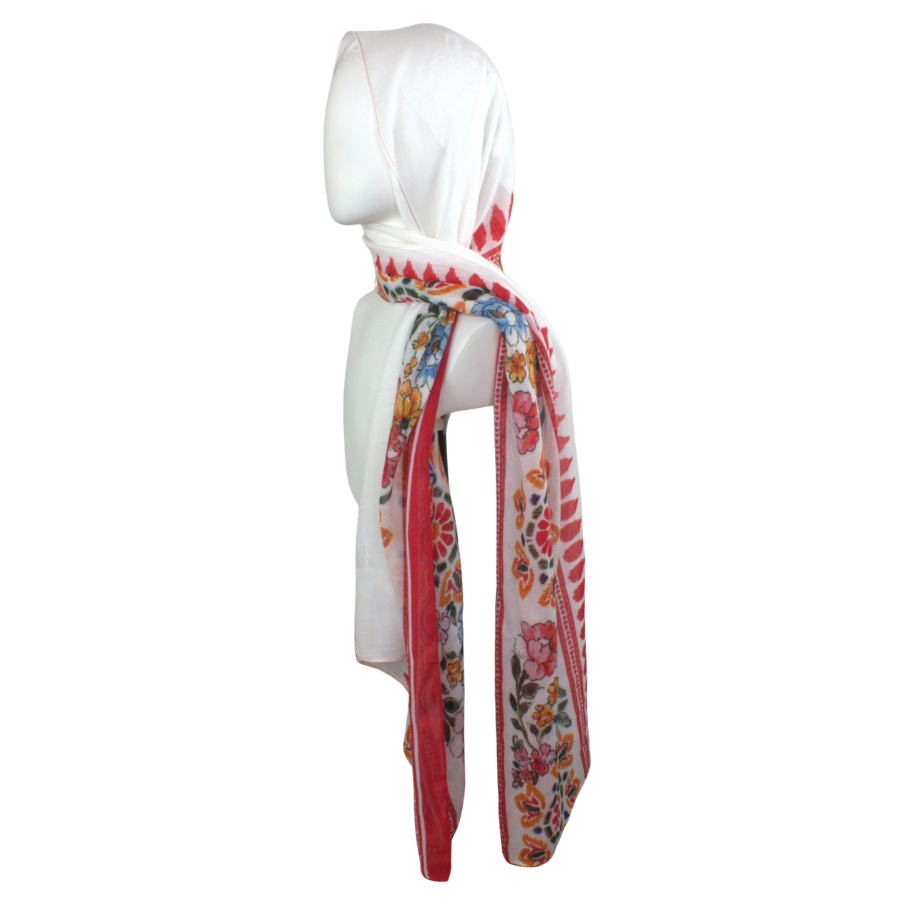 A unique printed bamboo modal hijab in white and red, soft, lightweight, breathable and non slip. This is your best choice for the hot weather and all seasons | Lina Zibdeh