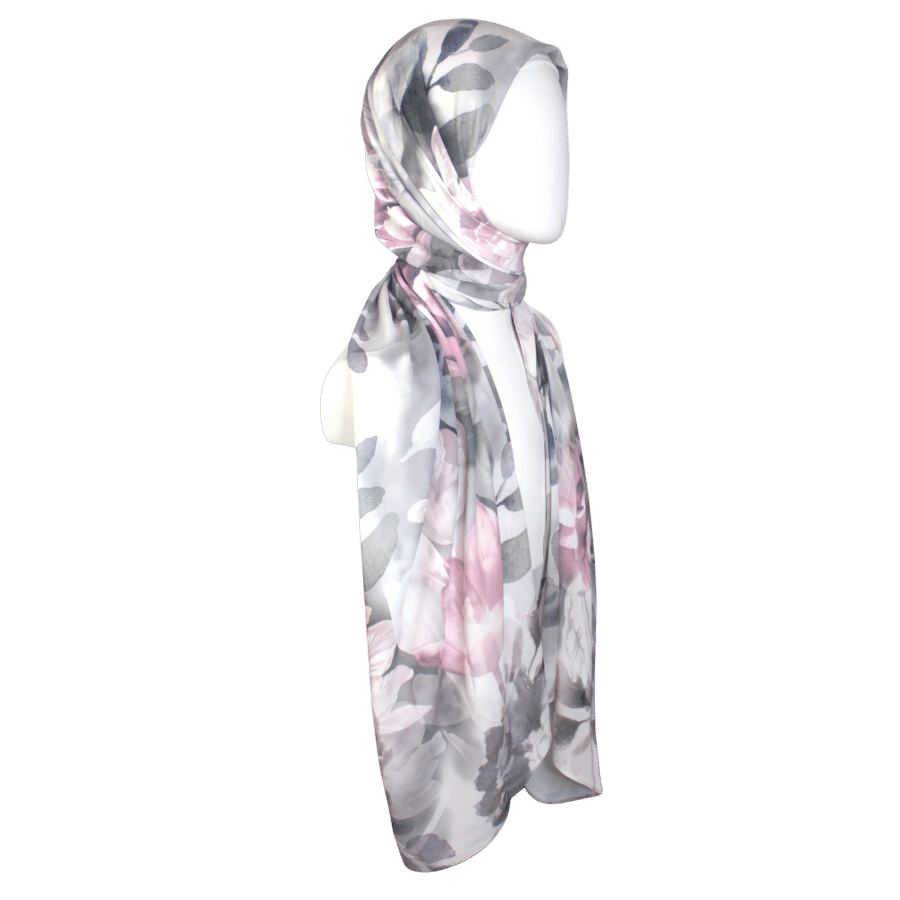 Stylish floral print hijab for work and social events, in grey silver and rose pink | Lina Zibdeh